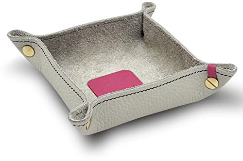 jabuti Edition Schlüsselschale/Taschenleerer 14 x 14cm feines Rindleder Creme mit Lamm Nappa Leder Applikationen Magenta. Handgefertigt in unserem Atelier