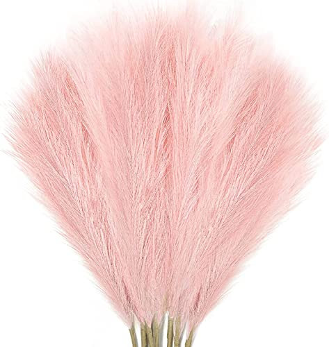 JOENCOST 8Pcs 3FT Faux Pampas Grass Large Branches for Boho Decor, Non-Shedding Fluffy Artificial Bulrush floral feathers, Tall Reed Fluffy Stems Vase Filler Living Room Wedding Decoration (Pink 1)