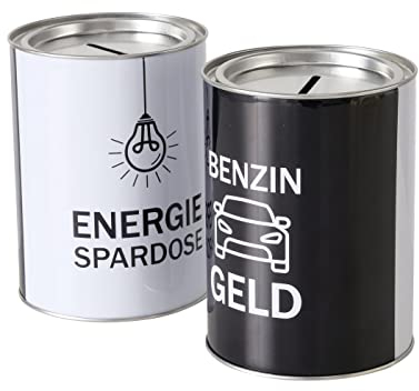 2 x Spardose Energie Eisen Höhe 14 cm schwarz, weiß