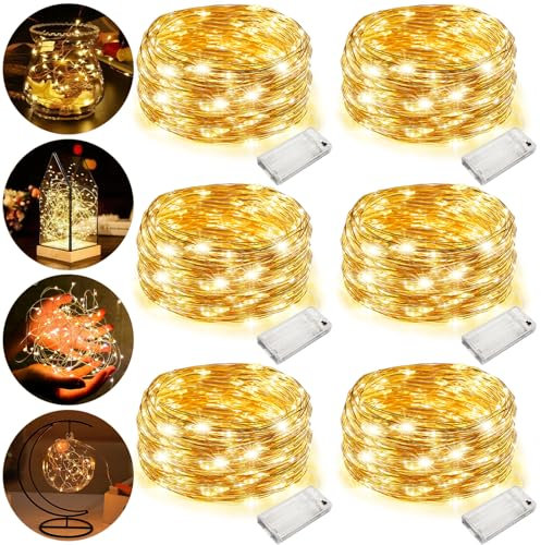 FAMKEEP 6 Piezas Cadena de Luces con Pilas,30 LEDs 3M Alambre de Cobre Guirnaldas Luces,2 Modo Luces Plata Alambre Cadenas,Impermeable Navidad Luces Decorativas,Guirnalda Cadena de Luces,para Navidad
