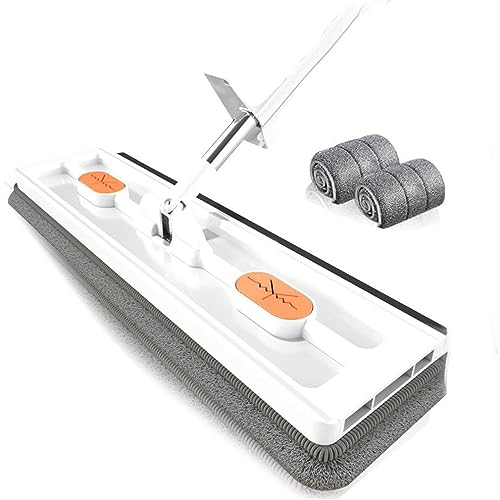 Roseionly Large Flat Mop,Grand Balai Plat de Nouveau Style,Balai Plat Microfibre avec Essorage Intégré avec 2 Tampons,Serpillière Plate avec tête 360 Degrée, Ultra Absorban Mop (Blanc)