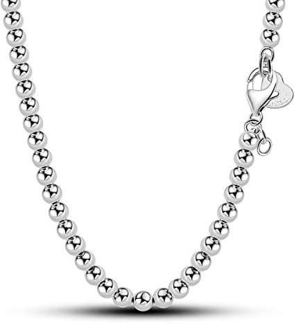 Dankadi Collier de Perles en Argent 925 Large de 4MM 6MM, Sans et Avec Pendentif Grelot Coeur, 18-32/45-81CM Collier de Boules Doré Or Cadeau pour Femme Homme (6MM, 18)