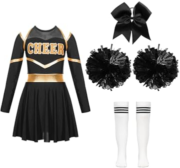 Jowowha Mädchen Cheer Leader Cheerleading Kostüm Langarm Crop Tops mit Rock Pompoms Socken Halloween Kostüm Karneval Fasching Party Aa Weiß&Schwarz 170-176
