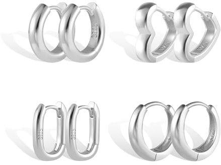 Silber 925 Ohrringe Kleine Creolen Set Damen, Kleine Klobige Creolen Set 4 Paar Hypoallergene Sterling Silber Ohrringe Kleine Herz Ohrringe Dicke Huggie Creolen Ohrringe Set für Damen und Mädchen