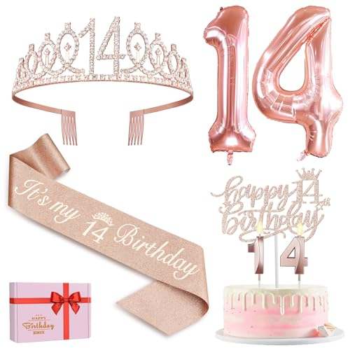 14. Geburtstag Mädchen Deko, 14. Geburtstag Krone und Schärpe, Happy Birthday Tortendeko Kerzen, Luftballons Rosegold, Geschenke für Mädchen 14 Jahre