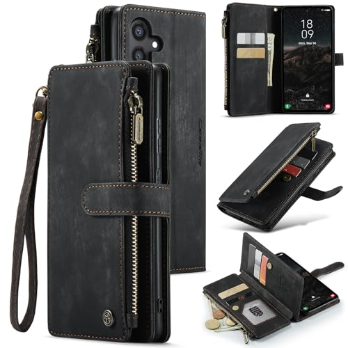UEEBAI Handyhülle für Samsung Galaxy S24 5G, Retro Reißverschluss Hülle PU Leder Weiche Klapphülle Magnetverschluss Kartenfach Standfunktion Geldbörse mit Trageband Schutzhülle - Schwarz