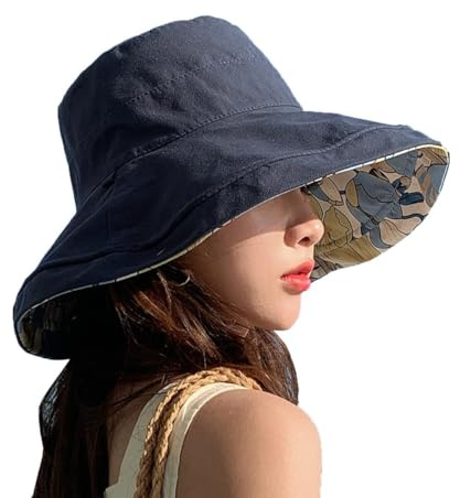Lziizl Reversible Bucket Hat Women UV Sun Protection Wide Brim Fisherman Hat Summer Beach Travel Cap