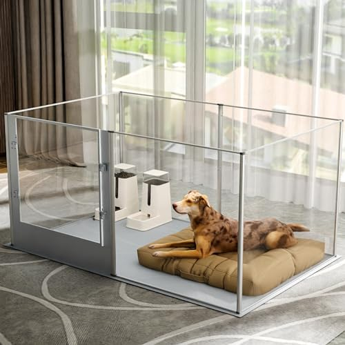 BingoPaw Acryl Wurfkiste Hunde Laufstall: Transparent Hundezaun Wohnung Welpenzaun 80cm hoch, XXL Welpenauslauf mit wasserdichter Bodenmatte und Tür, 163x102x80 cm