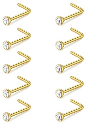 Decentraland 10 Stück Gold-Weiß (L-förmiger Nasenring) Nasenstecker aus Chirurgenstahl/Titan für Damen-Nasenloch-Piercing-Schmuck, 20 g