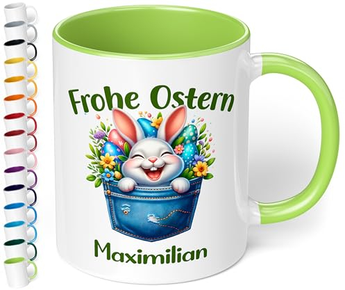 Tasse als Ostergeschenk personalisiert „Frohe Ostern“ Motiv: Osterhase Ostereier – 330ml Keramik Kaffeetasse mit Spruch – kleine Geschenke zu Ostern Easter gift (Hellgrün)