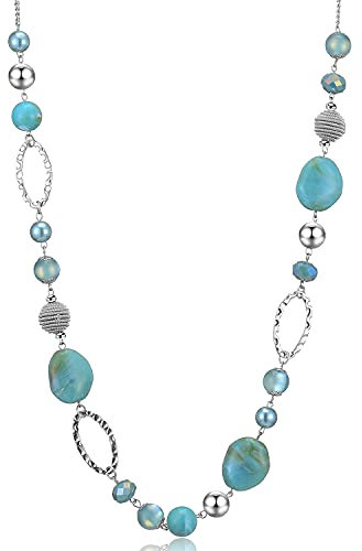 FULU AUTUMN Collier Long de Perles en Argent - Collier Boheme Long avec Perles de Cristal et de Pierre Bijoux Fantaisie - Belle Idée de Cadeau de Fête Des Mères(Turquoise)