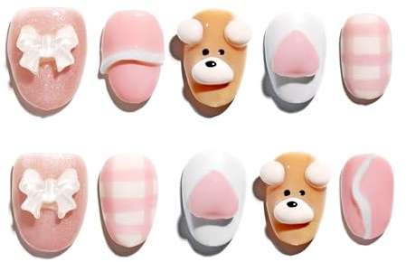 Sun&Beam Nails Handmade Press-on Short Oval Pink Brown White Bear Bow 3D Design Fashion False Nail Tips 10 Pcs Set (#167 XS)