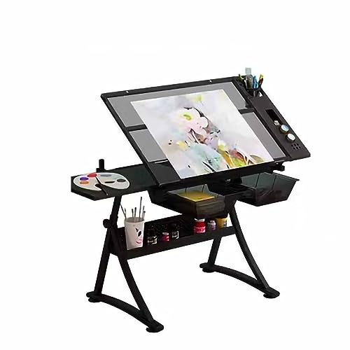 Aioneer Neigbarer Zeichentisch, Verstellbarer Kunsttisch mit Stauraum, Basteltisch, Glasplatte, Zeichentisch, Arbeitszimmer, Malen, Basteltisch