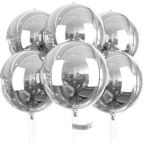 PartyWoo Lot de 6 Grands Ballons Ronds en Aluminium Argenté 55 cm pour Décoration d'Anniversaire, Mariage et Fête