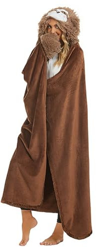 Flanell Fleece Pyjama Damen Sommer Damen- mit, Tier-Lazybones, Pinguine, Yaks, Pandas, Cartoon-Stickerei, doppelte Wolldecke, tragbarer Schlafanzug für zu Hause Damen Pyjama für (Coffee, One Size)