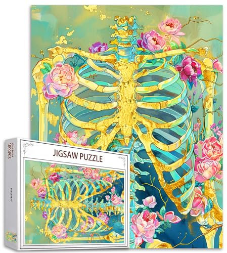 Goldene Skelett Puzzle 1000 Stück für Erwachsene - Menschliche Körper Anatomie Mit Einzigartiger Form - Schädel Halloween Stil Rosa Blumen Knochen Kunst Geschenk