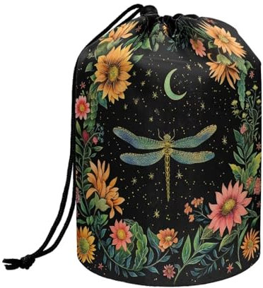 chaqlin Moon Dragonfly Floral Travel Cosmetic Bags Barrel Makeup Bag,Women Girls Portable Foldable Cases Multifunctional Toiletry Bucket Bags Round Organizer Storage Pocket