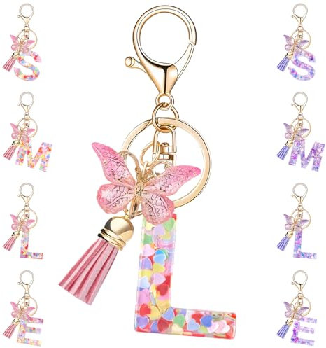 Porte Clef Avec Lettre Initiale Papillon L, Rose Porte Clé Femme Alphabet Porte Clef Voiture Lettre L Personnalisé Pour Femmes Filles Portefeuilles Sac à Main Charme Sac à Main Sac à Dos Charmes