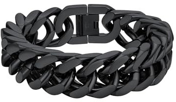 FaithHeart Black Bracelet Mens Stainless Steel Cuban Chain Chunky Bracelet 17mm Hip Hop Sturdy Link Bracelets 21cm