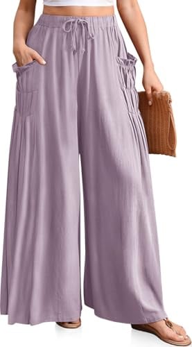 TARSE Women's Wide Leg Linen Pants Flowy Casual Palazzo Trousers | Elastic Drawstring Loose Fit, Ruffle Pocket, Casual Boho Trousers, Summer Beach Travel Vacation Outfits, LightPurple XXL