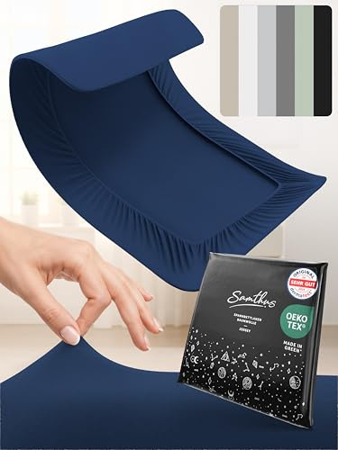 Samthus Jersey Spannbettlaken 180x200cm Oeko-Tex Made In Green Marine Blau | Bettlaken Spannbetttuch aus 100% gekämmter Baumwolle - auf Hautverträglichkeit getestet - Bezug für Matratzen 15-25cm