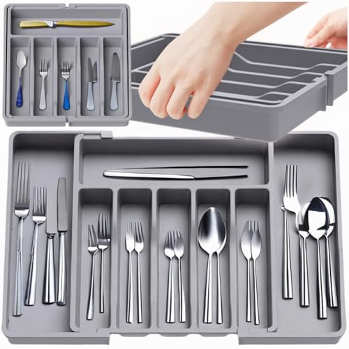ZOLTA Besteckkasten für Schubladen,verstellbarer Besteckhalter Utensilienhalter für Küchenschubladen, Schubladeneinsatz Besteckeinsatz für Küche Organizer aus Kunststoff für Löffel & Gabeln - Grau