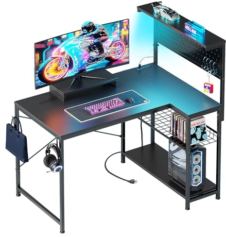Flrrtenv Gaming Desk L-Shape with Pegboard Hutch & Shelves, Adjustable Pc Small Computer Desk with Power Outlets & LED Lights, Reversible Corner Desk for Home Office, Carbon Fiber Desktop, 110x70cm