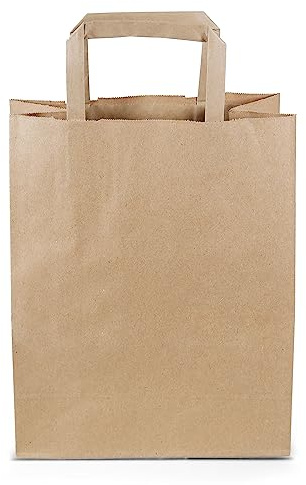 Commerline Papiertragetaschen 22×10×28cm, 500 Stück, Papiertüten mit Henkel | Braun, Kraftpapiertüten, Tragetaschen Papier, mit Flachhenkeln, für Bäckerei, Einzelhandel, Gastronomie & Catering