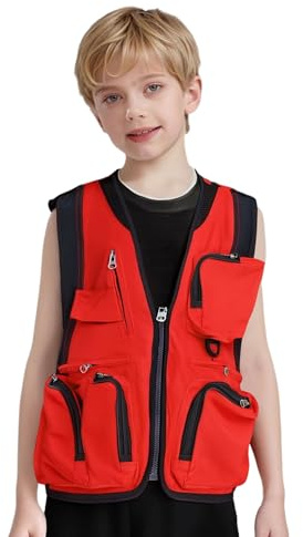 inhzoy Gilet da Pesca Escursionismo e Campeggio Bambino e Bambina Gilet da Esterno con Multi Tasche Waistcoat da Allenamento Combattiment per Attività all'Aperto Rosso 8-12 anni