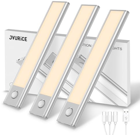 JVURICE LED Schranklicht Bewegungsmelder, Aluminium 3000K Dimmbar | 20cm Ultradünn, 1500mAh USB Akku, Magnetisch Kabellos, für Flur Küche Treppe Schrank, 3er Pack