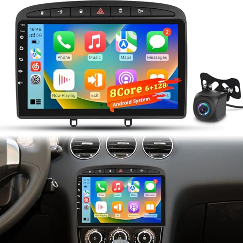 Radio para Coche 8 Núcleos 6+128GB para Peugeot 308 408 2007–2015, Autoradio Android con Pantalla Táctil, CarPlay Inalámbrico, GPS WiFi DSP HiFi, Plug & Play + Cámara Trasera