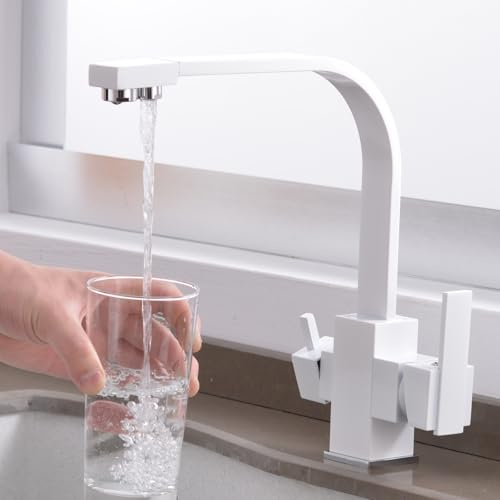 MESOVFCA Kitchen Taps White Filter Tap 3 Way Tri-Flow Water Kitchen Sink Mixer Tap 3 in 1 Drinking Water Kitchen Sink Faucet (White)