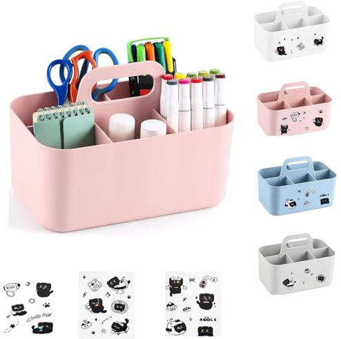 Bailtouk Korb Organizer mit Griff, Stifte Organizer mit 5 Fächer | Stapelbarer Caddy Organizer Abnehmbare Schreibtischkorb Kunststoff für Bad, Büro, Schulbedarf (Rosa, 25×15.4×17cm)