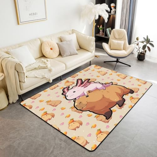 Erosebridal Kids Cute Capybara Area Rug Girls Pink Axolotl Carpet 4'11 x 3'3 for Preteen Teens Cartoon Love Heart Indoor Floor Mat Kawaii Reptile Rodent Animal Decorative Washable Rug