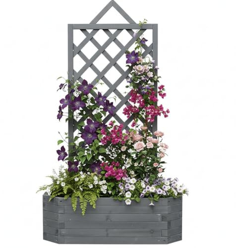 Mucola Blumenkasten Rankhilfe Rankgitter Pflanzkübel Holz 86x38x150 cm Grau | Spalier für Kletterpflanzen, Rosen, wetterfestes Fichtenholz, Wasserablauf gegen Staunässe, Balkon, Terrasse, Outdoor
