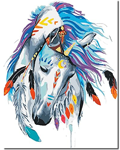 Fuumuui Kit de peinture au numéro avec pinceaux et peintures acryliques Pour débutants adultes et enfants 40 x 50 cm Motif paysage, cheval blanc avec taches