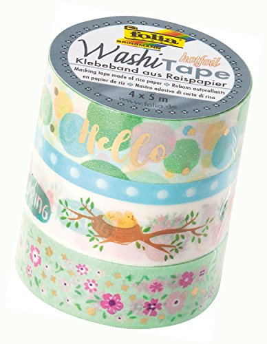 folia 26435 - Washi Tape, Klebeband aus Reispapier, Hotfoil Frühjahr I, 4er Set - ideal zum Verzieren und Dekorieren