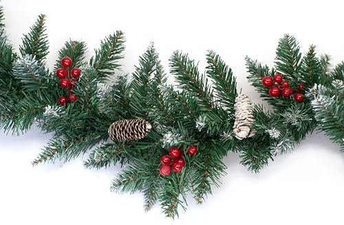 Creativery Tannengirlande 2m x ca. 25cm mit Beeren und Zapfen - für Indoor & Outdoor - künstliche Weihnachtsgirlande dekoriert - Kunstgirlande Dekogirlande Weihnachten - Dunkelgrün leicht beschneit