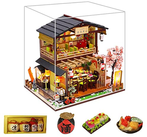 DIY Japanese Dollhouse With Dust Cover And Music Box Furniture LED Light Kits Miniature Sushi Shop Wooden Handmade Building Model Puzzle Toy Children Birthday Gift