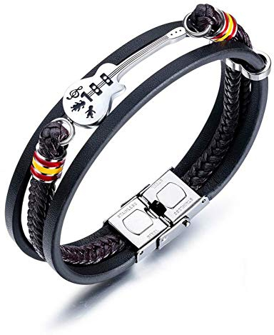 ATEIELLI Homme Bracelet Cuir PU Guitare Acier Inoxydable 21cm Réglable B306