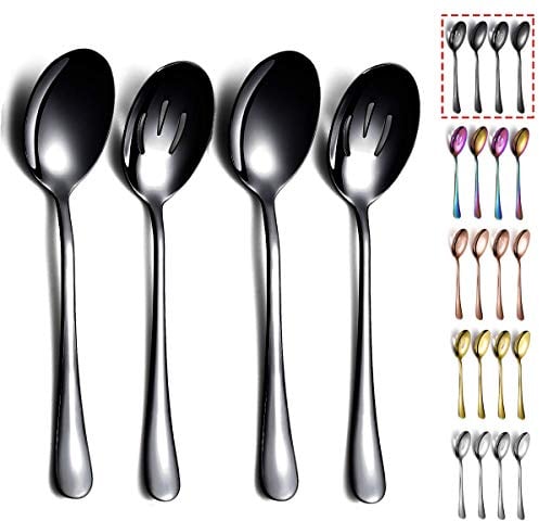 Kyraton Cuillères de service noires 4 pièces, comprenant 2 cuillères de service et 2 cuillères à fentes, ustensiles de service en acier inoxydable, ensemble de service, emballage de 4