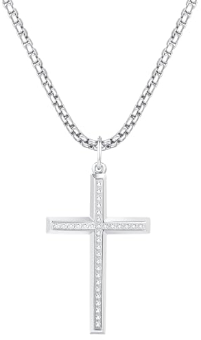 FANCIME 925 Sterling Silber Weiß Vergoldet Kreuz Anhänger mit Rundschliff Funkelnde Zirkonia Halskette mit Edelstahl Kette für Herren Jungs Kinder - Kettenlänge: 60 cm