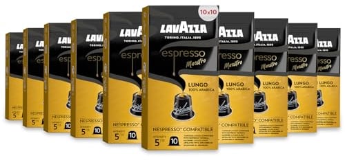 Lavazza, Espresso Maestro Lungo, 100 Capsules Café Compatibles avec les Machines Nespresso Original, Notes de Fruits et Fleurs, 100% Arabica, Intensité 5/13, Torréfaction Légère, 10 Paquets