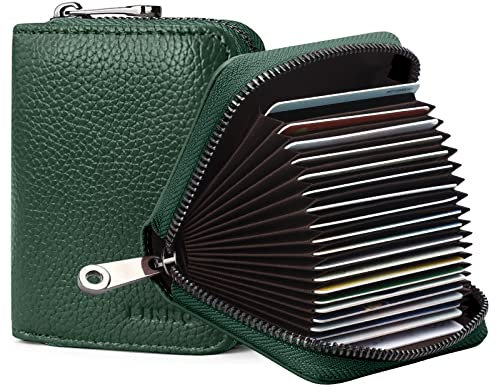 Goopai RFID 20 Card Slots Credit Card Holder Genuine Leather Accordion Card Case Small Wallet for Women or Men with Zipper (Green)