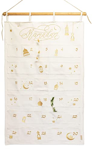 Papierdrachen Ramadankalender 2024 als Wandkalender aus Stoff zum Befüllen - beige & Gold - hochwertig Bestickt - Stoffbeutel - Baumwolle - wiederverwendbar - Set 3