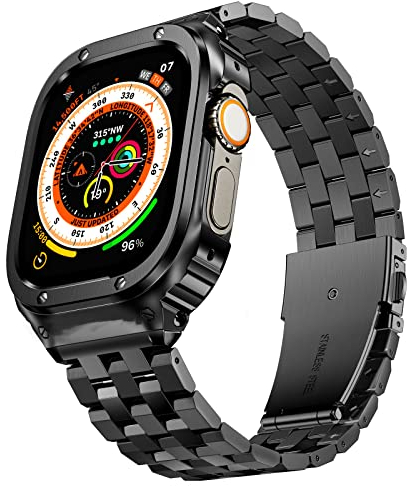 SUPLINK Edelstahlgehäuse mit Band Kompatible Apple Watch Armbänder 49mm,Robuste Schutzhülle aus Edelstahl Bumper Armband für iWatch Ultra für Herren(Schwarz,49mm)