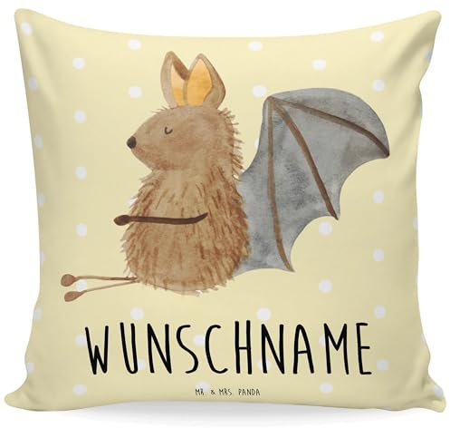 Mr. & Mrs. Panda Personalisiertes Kissen Fledermaus Sitzen - Personalisierte Geschenke, Kopf, Tiere, Fledermäuse, Name, Bedrucken, Motivation, lustige Sprüche, Gute Laune, Wunschname, entspannen