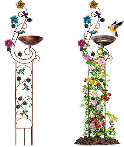 YYWMWM Bird Baths with Trellis for Climbing Plants Outdoor, Small Garden Plant Trellis, Metal Birdbath Birdfeeder Bird Water Feeder with Iron Bowl, Antique Plant Support Structures (Dragonfly)