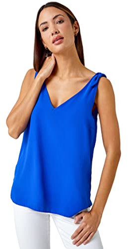 Roman Originals Tie Detail Strap Cami Top for Women UK - Ladies Everyday Holiday Spring Summer V Neckline Comfy Soft Evening Vacation Work Party - Royal Blue - Size 18