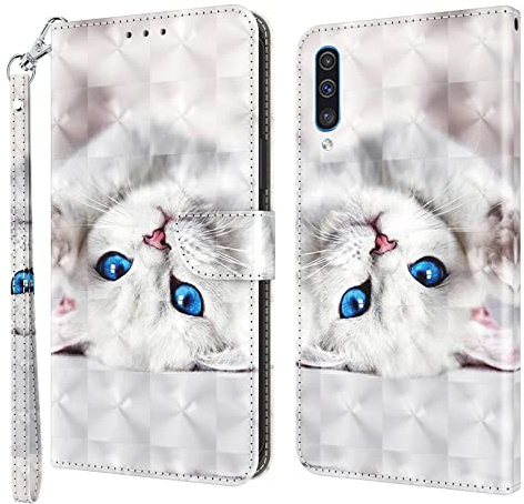 BOLELAW Hülle für Samsung Galaxy A50/A50S/A30S – Stoßfestes PU Leder Wallet Case mit Magnetverschluss, Standfunktion & Kartenfächern, Weiße Katze